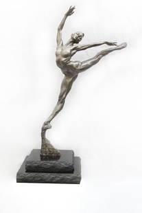 Richard McDonald (b. 1946) Californian: SISSONE, cast bronze sculpture with silver finish, signed and numbered 5/8, size 35 1/2 x 21", on swivel base, overall 40 1/4" tall.