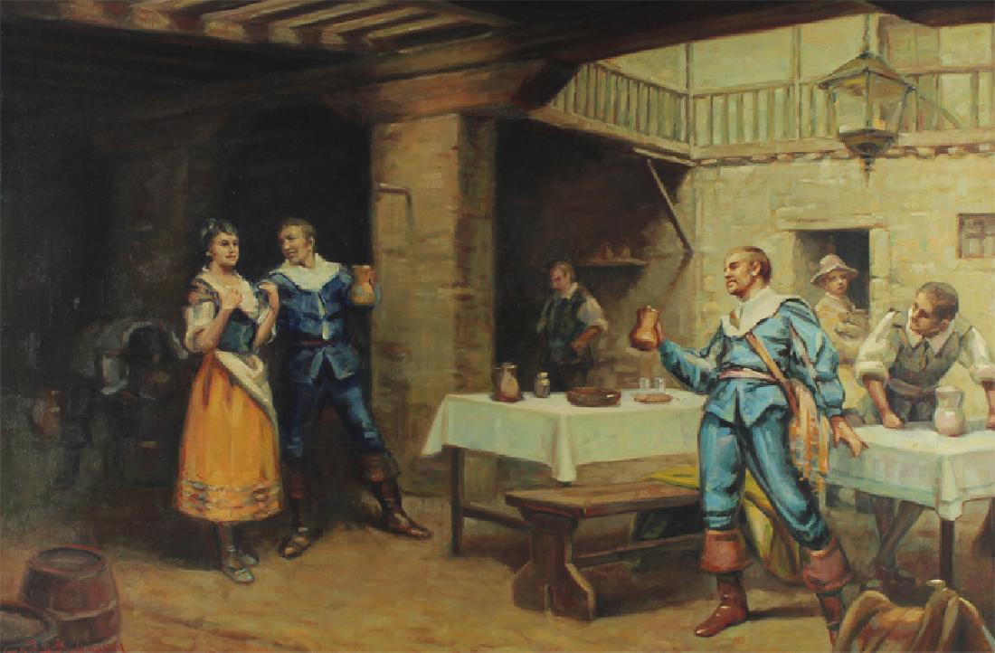 Jose Fuentes de Salamanca (b. 1934) Spain: TAVERN, oil painting on canvas, signed lower left, 24 x 36", framed.