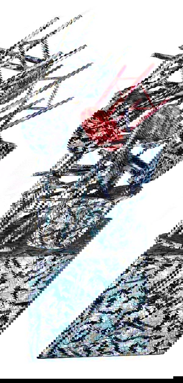 Joe Amrhein (b. 1953) American: STACK OF STOOLS, painted ceramic tiles mounted to wood stools and base, 75 x 38 x 34", signed.