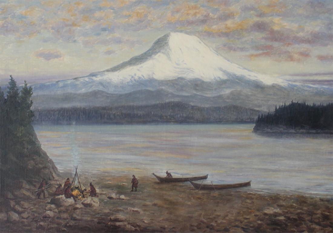 Arne Berger (1872-1951) Minnesota: INDIAN ENCAMPMENT (near Mt. Rainer), 1916, oil painting on canvas, signed and dated lower left, 26 1/4 x 39 1/4", framed.