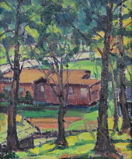 Rinaldo Cuneo (1877-1939) Californian: HOUSE VIEWED THROUGH TREES, oil painting on canvas, signed lower right, 12 x 10", framed. Provenance: Butterfields & Butterfields Auctions (now Bonhams), San Francisco 12/09/1999.