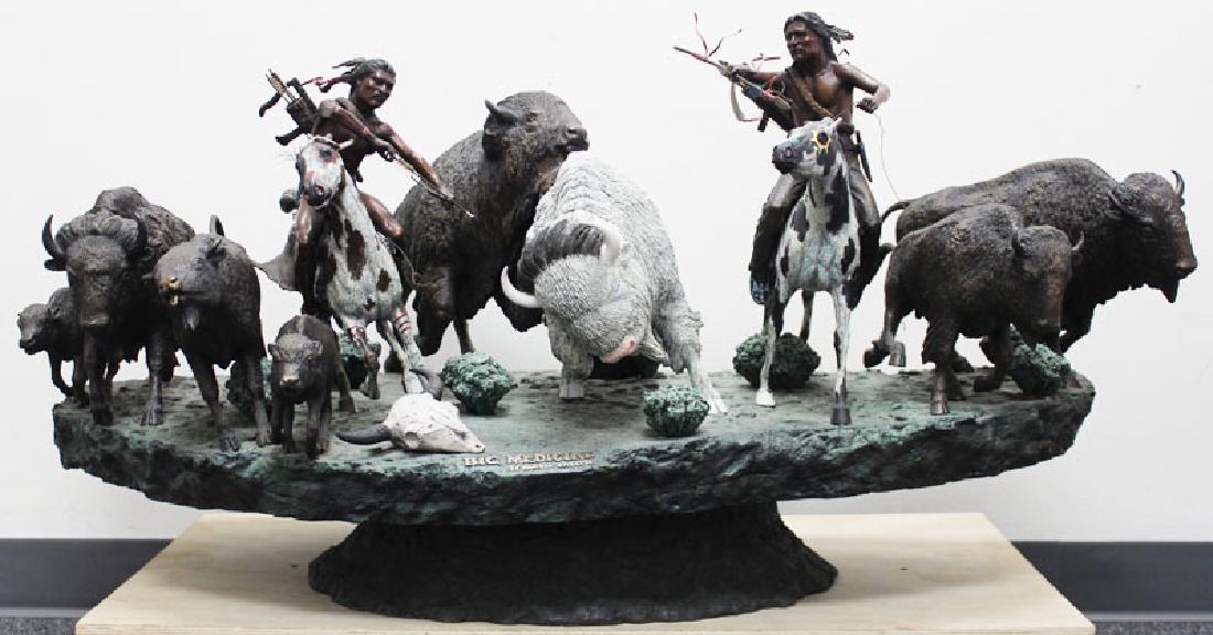 Harold Shelton (1918-1999) American: BIG MEDICINE, cold-painted cast bronze sculpture, artist’s name and titled in the design, numbered 43/76, size 24 x 48 x 22". Provenance: The National Heritage Collectors Society.