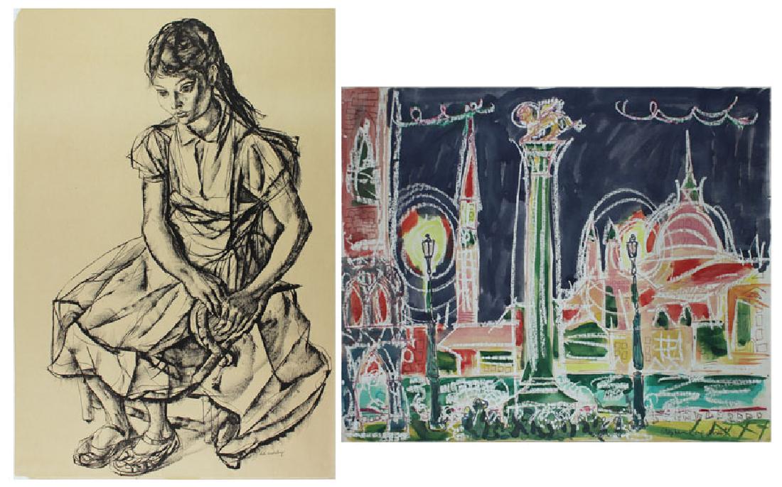 Francis De Erdely (1954-1959) Hungarian/ Californian &: Francis De Erdely SEATED GIRL, ink drawing on buff paper, signed lower right, ;30 ¾ x 22 ¾”; Together with Stephen Longstreet CITY, watercolor on paper mounted to card, signed lower right, 22 ½ x
