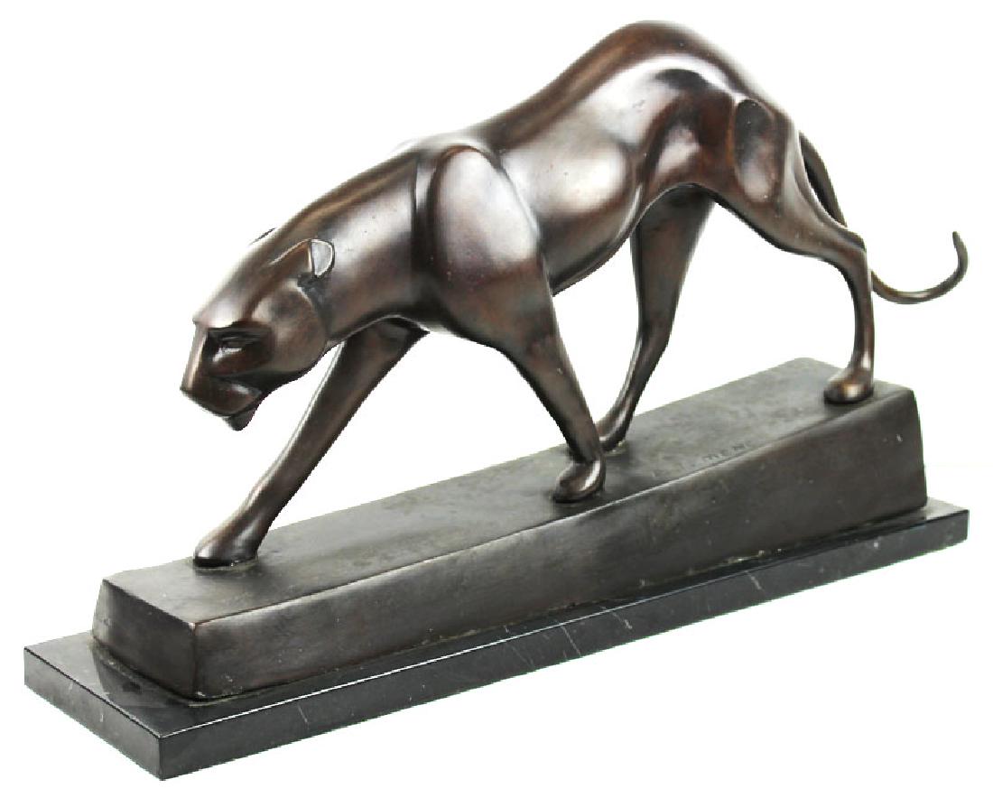 Decorative Bronze: STALKING PANTHER, cast bronze sculpture with dark brown patina, in the style of Maurice Prost but inscribed P. J. Mene, 11 ¼ x 21 ¼ x 3 ¾”, mounted to ¾” marble base.