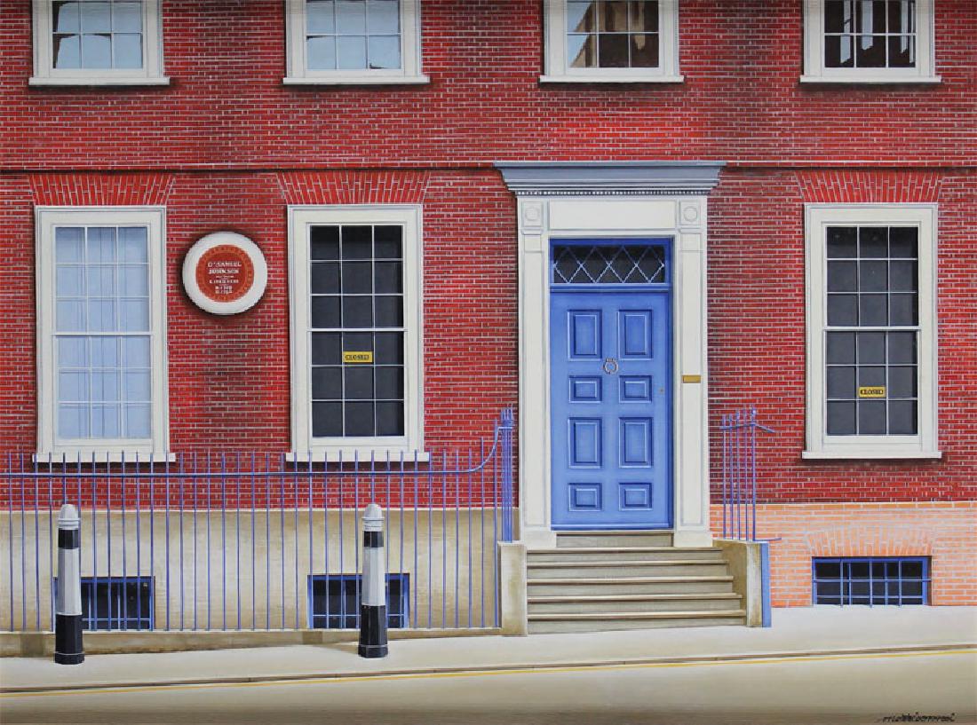 Angelo Mozziconacci (b. 1939) Italian/ French: CITY OF LONDON, DR. JOHNSON’S HOUSE GOUGH SQUARE, oil painting on canvas, signed lower right, signed and titled on verso, 18 x 24”, framed.