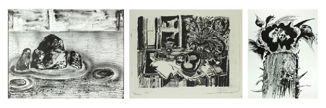Jan Stussy (1921-1990) Californian (3), Miriam Karoly: Jan Stussy UNTITLED STILL LIFES, three lithographs, each signed in pencil, two numbered printer’s proofs and one numbered 8/10, sheets 26 x 20”13 x 17”; Together with Miriam Karoly, VARIOUS, two