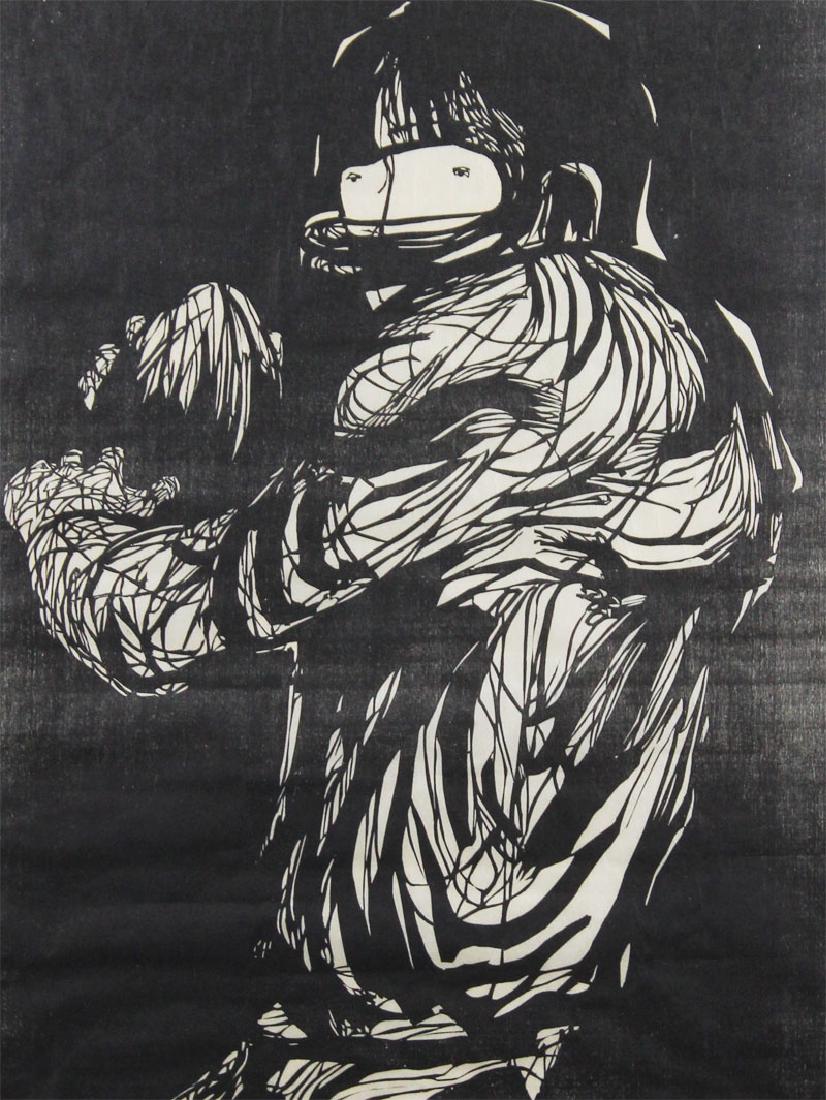 Leonard Baskin (1922-2000) New York: FOOTBALL, 1960, woodcut on Japanese paper, signed in pencil, from an unnumbered edition, image 17 x 12 ¾”, full margins, framed with glass.