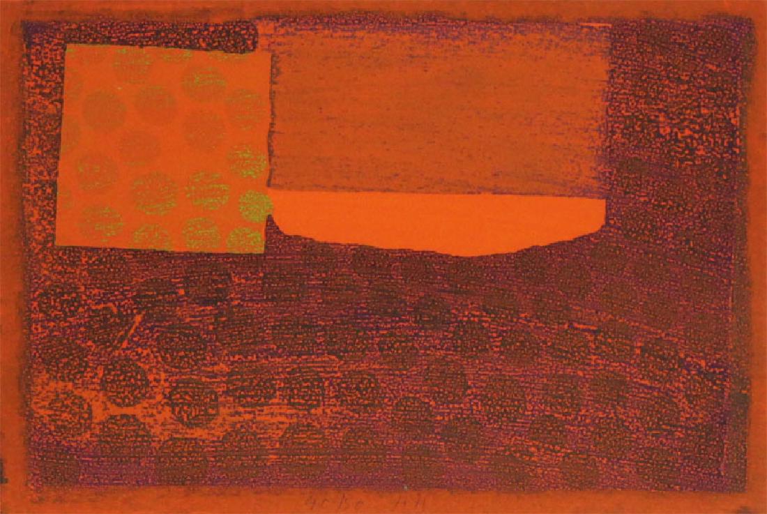 Howard Hodgkin (1932-2017) British: BREAKFAST, 1978, color aquatint, signed in pencil, numbered 40/50, sheet 8 x 12 ¼”, framed.