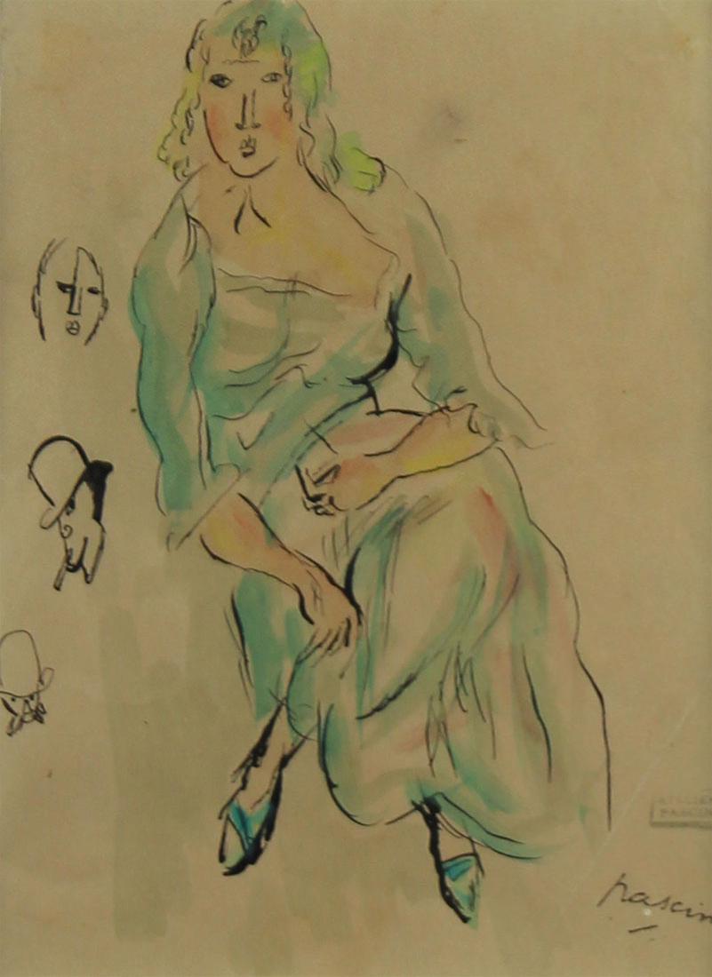 Jules Pascin (1885-1930) French: WOMEN IN GREEN DRESS, ink and watercolor on paper, signed lower right, artist’s atelier stamp lower right, sight 7 ¼ x 5 ½”, framed with glass.