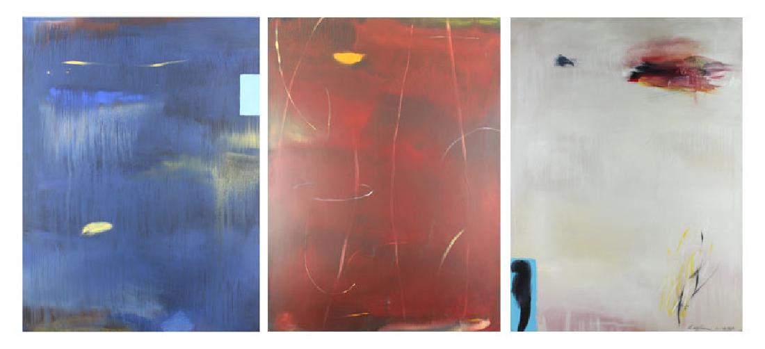 Curtis Ripley (b. 1949) California/ Texas (three): #25; #34, #22, three acrylic paintings on paper, each signed and dated and titled lower sheet edge, each signed and dated on the verso, #22 with collage, 30 ¼ x 22”. Purchased from William Turner G