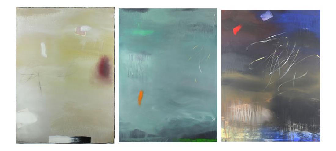 Curtis Ripley (b. 1949) California/ Texas (three): #36; #14; #27, three acrylic paintings on paper, each signed and dated and titled lower sheet edge, one signed and dated on the verso, two with collage, 30 ¼ x 22”. Purchased from William Turner Ga