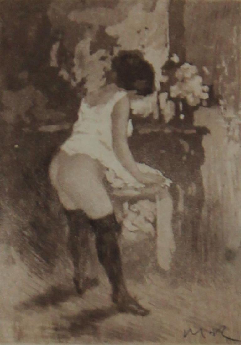 Manuel Robbe (1872-1936) French: LA TOILETTE, 1906, color aquatint, initialed in pencil, plate 4 ¾ x 3 ½”, full margins, framed with glass.