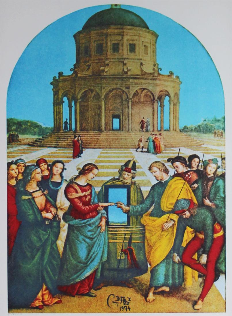 Salvador Dali (1904-1989) Spanish: RAPHAEL THE MARRIAGE OF THE VIERGE (74-2C) From Changes in Great Masterpieces, 1974, color lithograph on Arches paper, signed in pencil, numbered E 98/150, published by Phyllis Lucas New York, sight 3