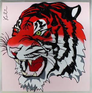 Michael Kalish (b. 1973) Californian: TIGER, 2005, three-dimensional cut metal and license plates collaged on to painted metal, signed upper left, signed and dated on verso, overall 42 x 42”.