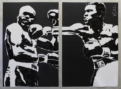 Michael Kalish (b. 1973) Californian: REALIZE, ALI VERSUS JONES, 2010-11, three-dimensional cut metal and license plates collaged on to painted metal, signed upper right, overall 52 x 70 ¼”.