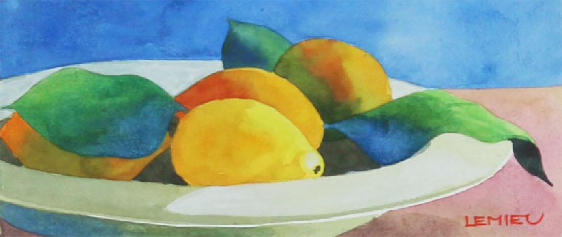 Jean Lemieu (1946-2011) French Canadian: UN BOL DE CITRONS, watercolor on paper, signed lower right, 3 ¾ x 8”, framed with glass. Provenance: Certificate from artist on verso.