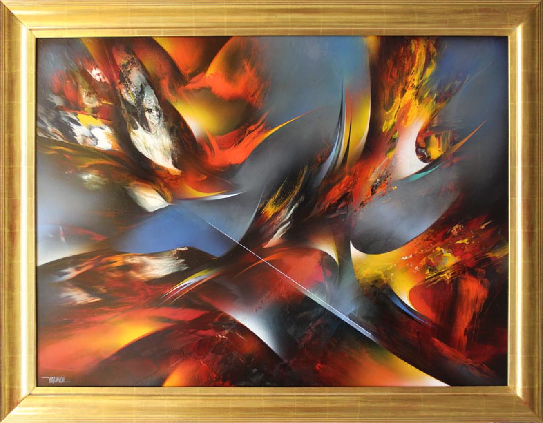 Leonardo Nierman (b. 1932) Mexican: SPRINGTIME, acrylic painting on Masonite, signed lower left, 35 ½ x 48”, gold leaf frame; Together with a hardbound 1996 Exhibition Raisonne from Museo Universitario Contemporaneo De Arte, pen sign