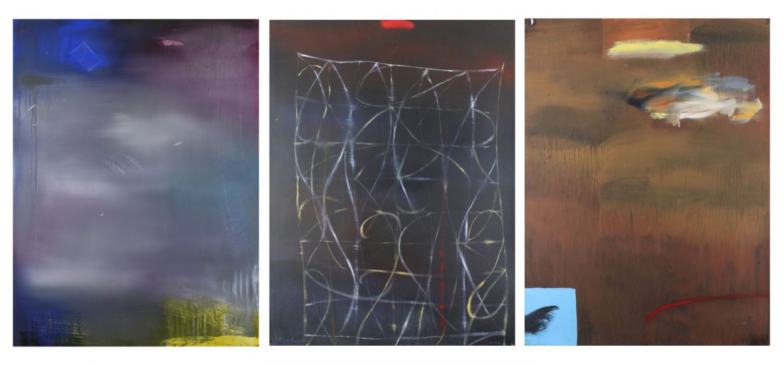 Curtis Ripley (b. 1949) California/ Texas (three): #38; #30; #21, three acrylic paintings on paper, each signed and dated and titled lower sheet edge, each signed and dated on the verso, two with collage, 30 ¼ x 22”. Purchased from William Turner G