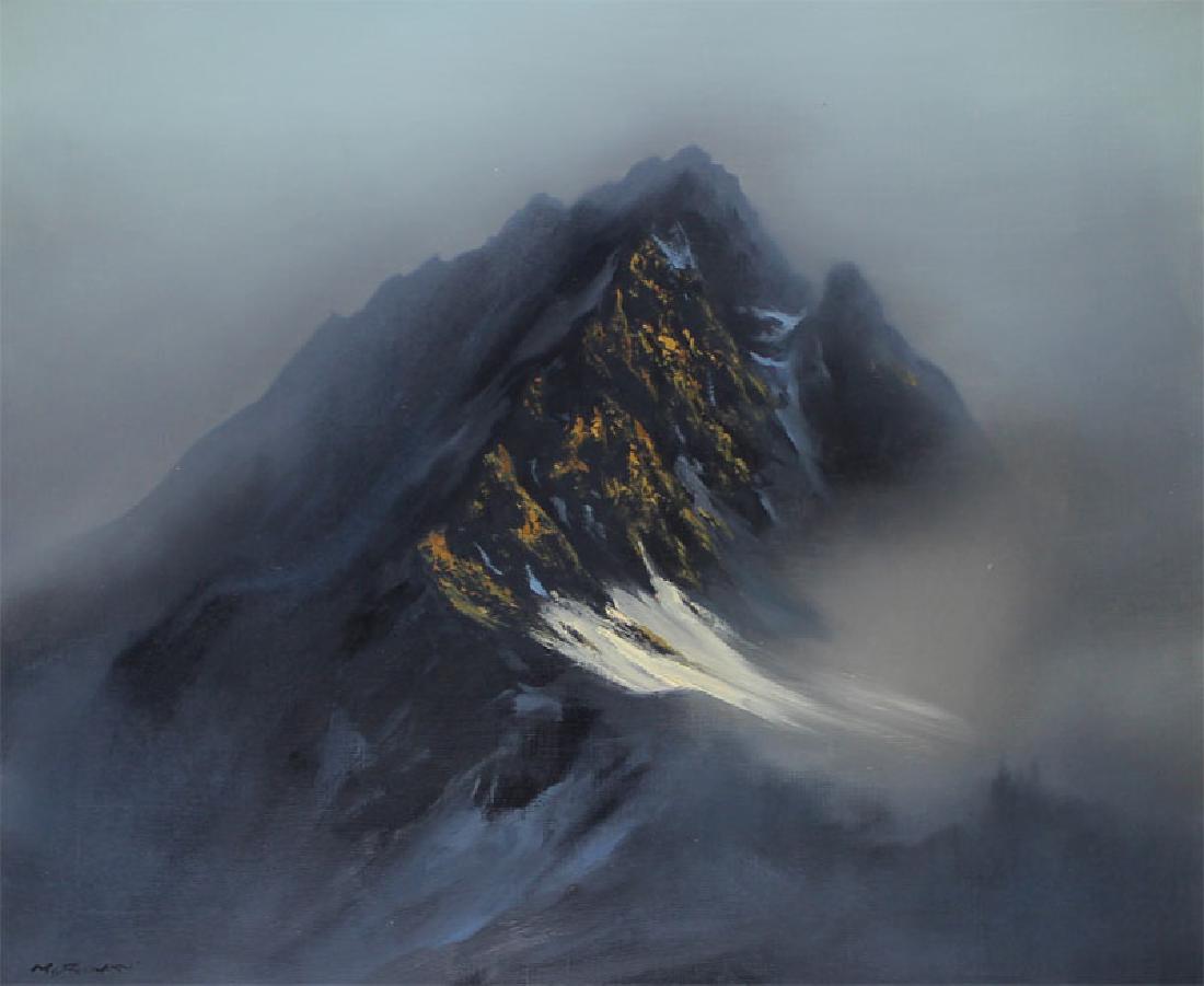 Mitsuzo Shimizu (1905-1986) Japanese/ Californian: MISTY MOUNTAIN, oil painting on canvas, signed lower left, artist’s authentication stamp on verso, 20 x 24”, framed.