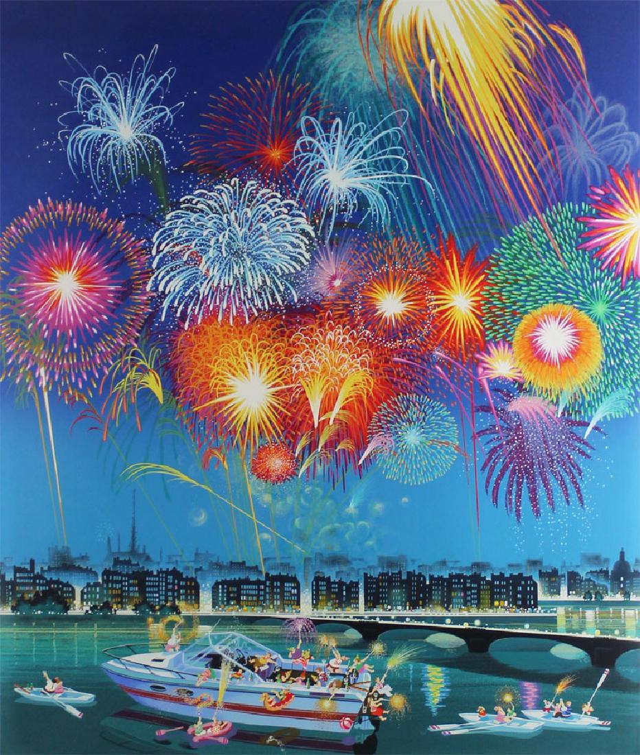 Hiro Yamagata (b. 1948) Japanese/ American: FIREWORKS, 1982, color screenprint, signed in pencil, numbered X/LXXV (10/75), published by Martin Lawrence Limited Editions with their blind stamp lower left, image 28 x 24”, full margins, framed w