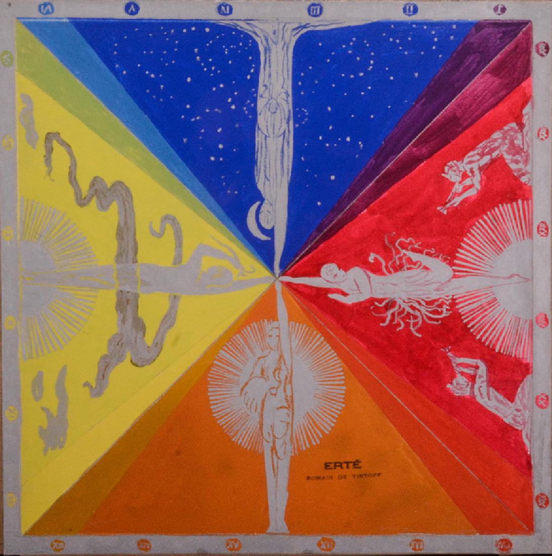 Erte (1892-1990) Russian/ French: LES HEURES SE SUIVANT, 1935, gouache on paper, artist's stamp lower right, titled and dated on verso in ink, 10 ¾ x 10 ¾", framed. Provenance: Martin Lawrence Galleries.