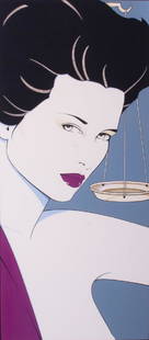 Patrick Nagel (1945-1984) Californian: WOMAN WITH BALANCE SCALE IN BACKGROUND, acrylic painting on board, inscribed 2 of 3 in pencil upper recto board edge, inscribed 5M 2.3 23% in pencil on verso, image 20 ¼ x 9", board 26 x 15 ½", fram