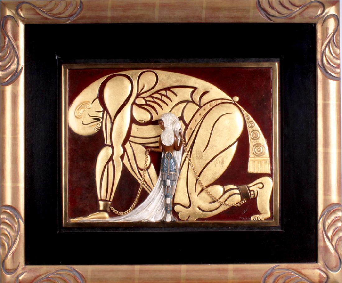 Erte (1892-1990) Russian/ French: SAMSON AND DELILAH (E.151), 1989, cold-painted cast bronze bas relief, signed, numbered 219/375, published by Chalk & Vermilion and Seven Arts, 11 x 14 ½”, framed.
