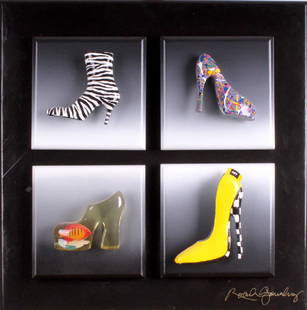 Roark Gourley (1949) California: FOUR SHOE COMBO, acrylic painted cast resin and wood sculpture, signed lower right, 24 x 24 x 3”.