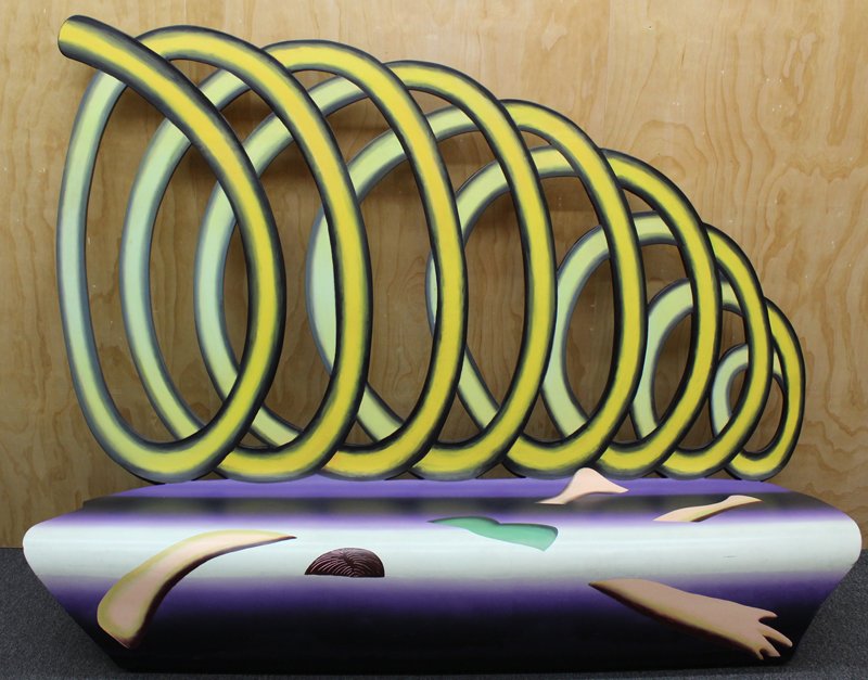 Alan Siegel (b. 1938) New York: MUSIC OF THE WINE DARK SEA, acrylic painted bent wood bench, a signature not found, 69 x 87 x 24”.