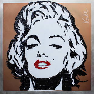 Michael Kalish  (b. 1973) Californian: MARILYN, three-dimensional cut metal license plates collaged on to painted metal, signed upper right, 42 x 42 Â½ x 1 Â½â€.