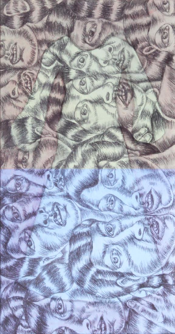 Jose Lozano (b. 1959) California: BLUE AND GREEN ETHNIC DRESS, 2000, acrylic painting with graphite on paper, signed and dated and titled on back of frame, sight 12 Â½ x 6 Â½â€. From the collection of Gaby Stuart. Provenance: P