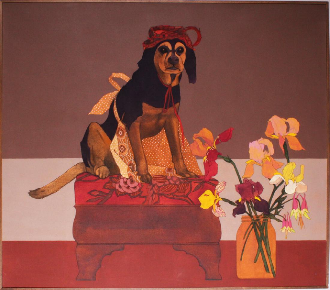 Mary Sims (1940-2004) Memphis: FRED WITH BOW, circa 1980, acrylic painting on canvas, a signature not found, 42 x 48â€, framed. Provenance: David Lusk Gallery, Memphis, Tennessee.