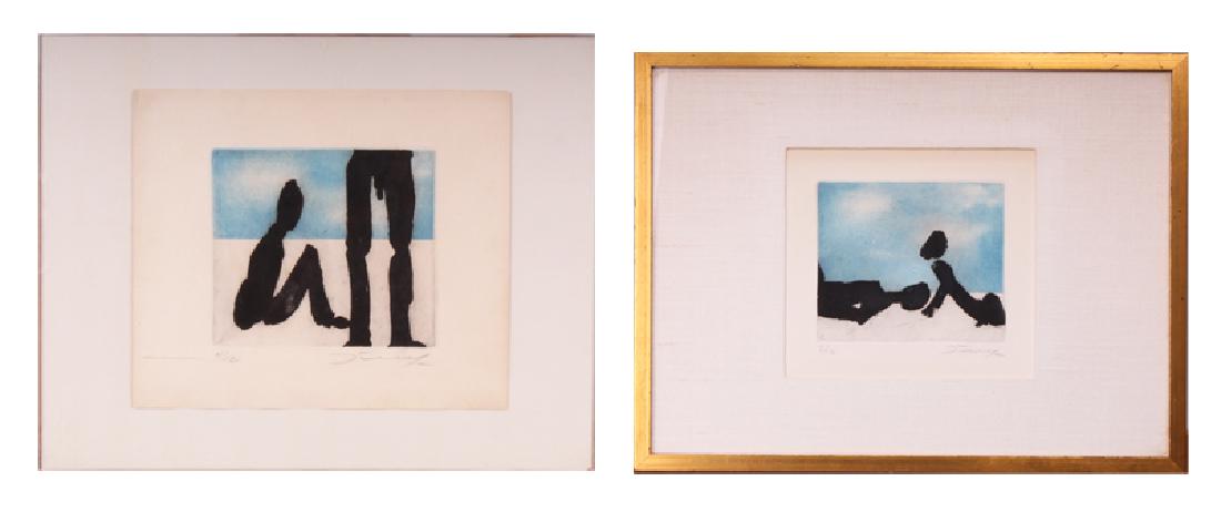 Jack Stuck (b. 1923) American (two): BATHERS; UNTITLED, 1963, two color etchings, each signed in pencil, numbered 4/12 & 2/12â€, images 8 x 9 Â½â€ & 5 x 5 Â½â€, both with full margins, both framed, one with glass. From the c