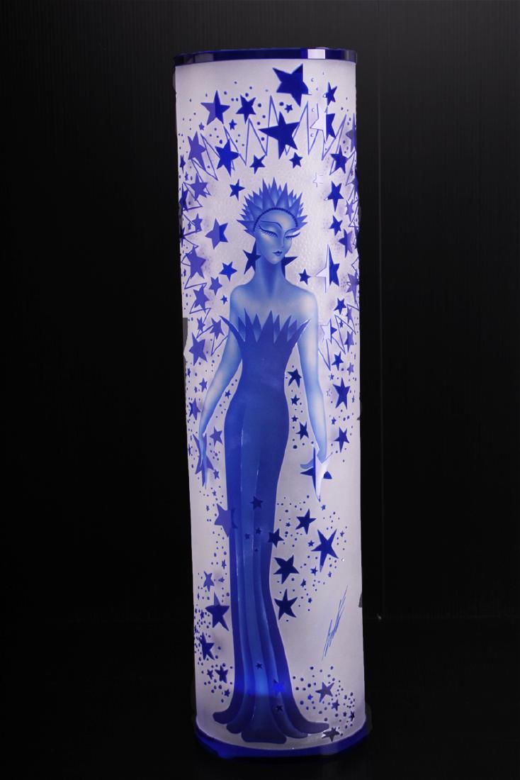 Erte (1892-1990) Russian/ French: STAR, color to clear etched and frosted glass vase, signed, from a limited edition, 19” tall.