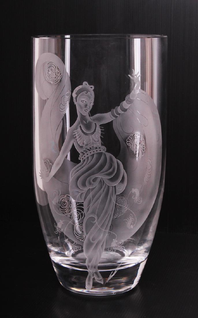 Erte (1892-1990) Russian/ French: DREAM GIRL, clear etched and frosted tapered glass vase, signed, from a limited edition, 13 ¾”, 7 ½ to 4 ½” diameter.