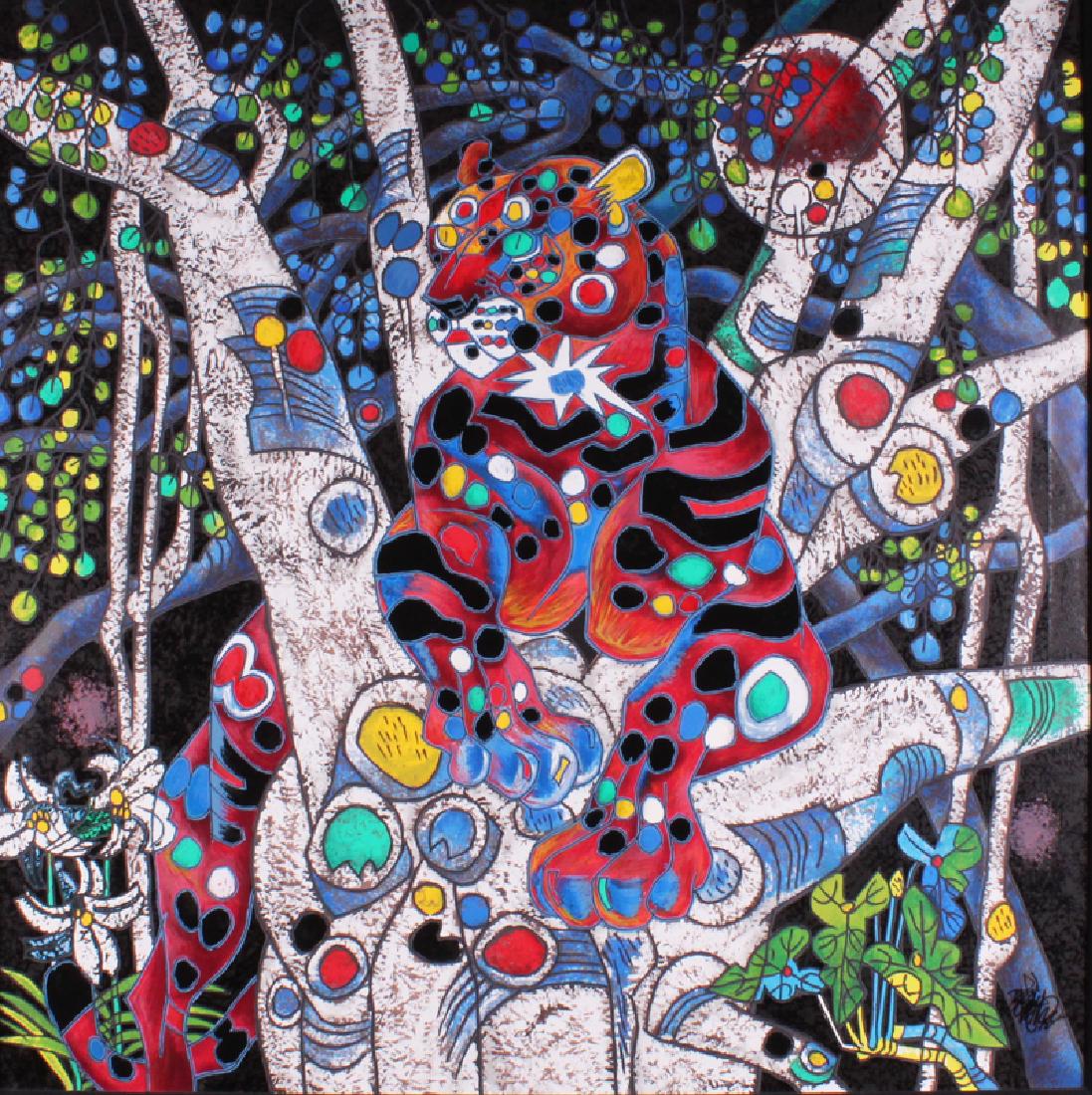 Tiefeng Jiang (b. 1938) Chinese: PANTHER IN TREE, color screenprint, signed lower right, edition number not found, published by Fingerhut Group, 36 x 36”, framed.