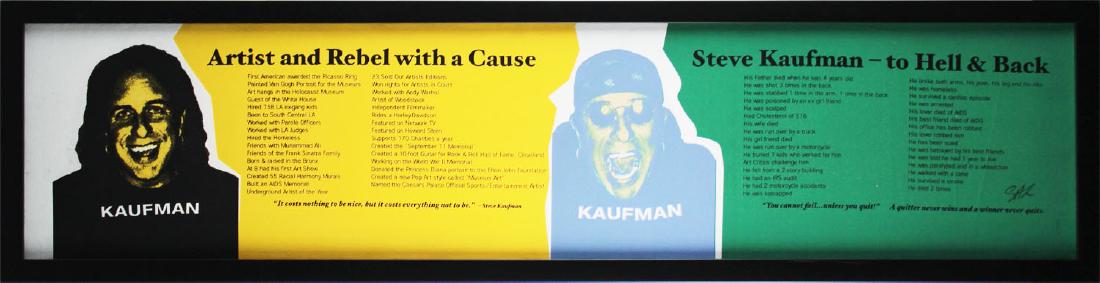 Steve Kaufman (1960-2010) New York: ABOUT ME: AN ARTIST & REBEL WITH A CAUSE, color screenprint on canvas, signed in ink lower right, 11 ¼ x 48”, framed.