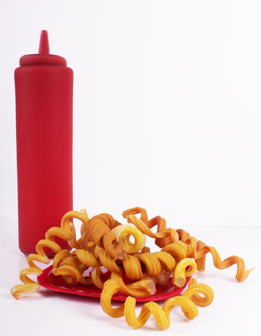 John Miller (20th 21st Century) American: KETCHUP BOTTLE & CURLY FRIES, 2009, hand-blow and frosted color glass sculptures, ketchup bottle 19 ¾”, fries average 7-8” each. Provenance: Russeek Gallery, NYC, with certificate.