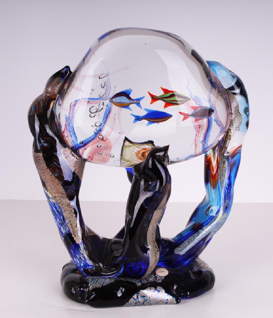 Murano Glass by Seguso Viro: SWIMMING FISH, color, clear and iridescent glass, with label, inscribed Seguso Viro underneath, 12 ¾ x 10 ½ x 5”, with Murano label.