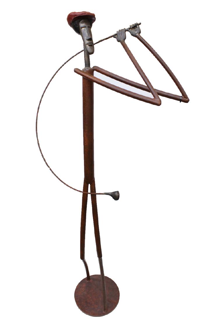 Kurt Runstadler (1955-2006) American: PLAYING THROUGH, 2002, bronze and steel sculpture with patina finish, signed and dated on base, 67 x 24 x 22”.