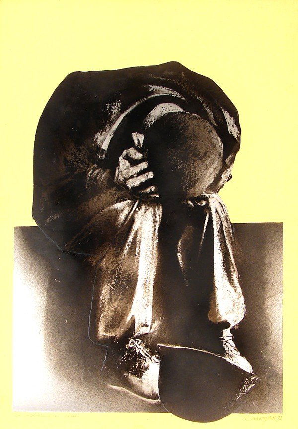 Rafael Canogar (b. 1935) Spanish: LE DESOLACION UN SOLDADO, 1972, acrylic painting on silver stock collaged onto yellow painted board, 28 ¾ x 20", signed and dated lower right, some wear at extreme edges, surface dirt, otherwise in g