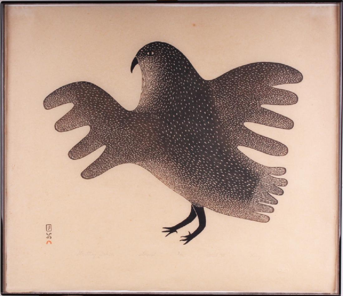 Cape Dorset: Lucy Quinnuayuak (1925-1982) Nunavut,: STRUTTING FALCON, 1983, stone-cut print, signed and dated and titled in pencil, character mark lower left, numbered 3/50, blind stamp lower right, sheet 21 ½ x 24 ½”, framed.