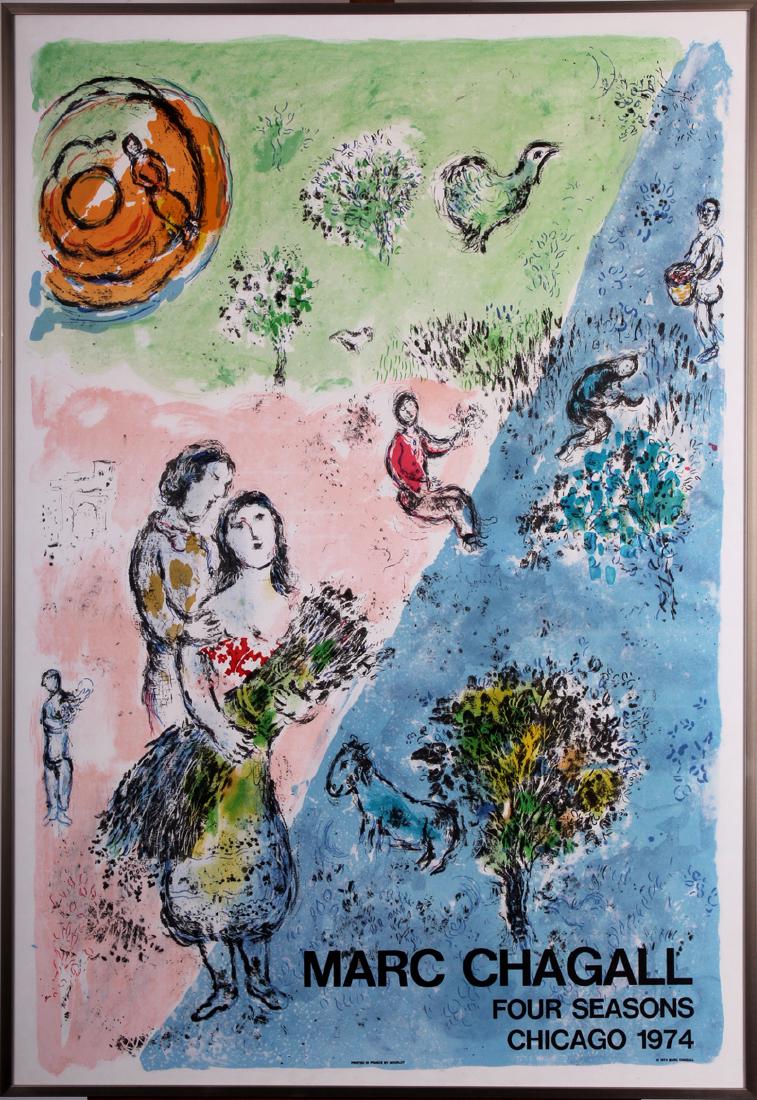 Marc Chagall (1887-1985) Russian/ French: THE FOUR SEASONS (M.727; H.727), 1974, color lithograph poster, 37 x 25”, edition of 5000, published for Place Nationale De La Ville De Chicago, framed with glass.