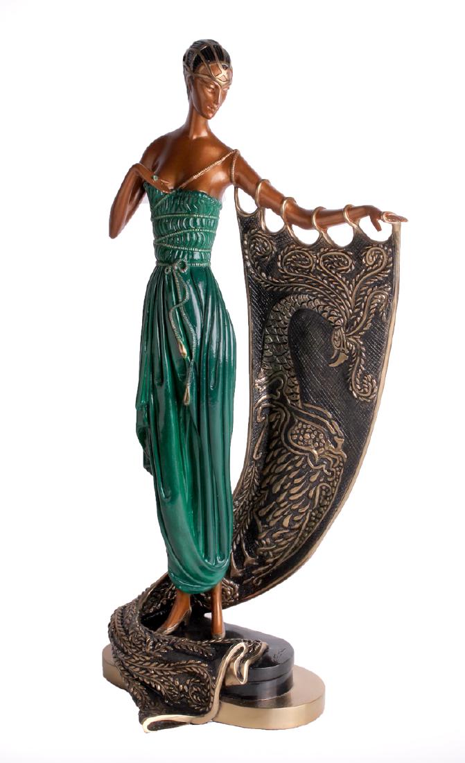 Erte (1892-1990) Russian/ French: EMERALD NIGHT (E.34), 1988, cold-painted cast bronze sculpture, signed, numbered XXXIX/XL Roman Numerals (39/40), published by Seven Arts London, overall 21 ½ x 11 ½ x 6”.