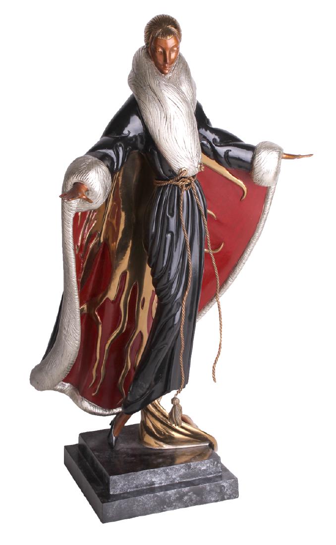 Erte (1892-1990) Russian/ French: FAUBOURG ST. HONORE (E.181), 1990, cold-painted cast bronze sculpture, signed, numbered 183/375, published by Chalk & Vermilion and Seven Arts, overall 20 ¾ x 12 x 8 ½”.