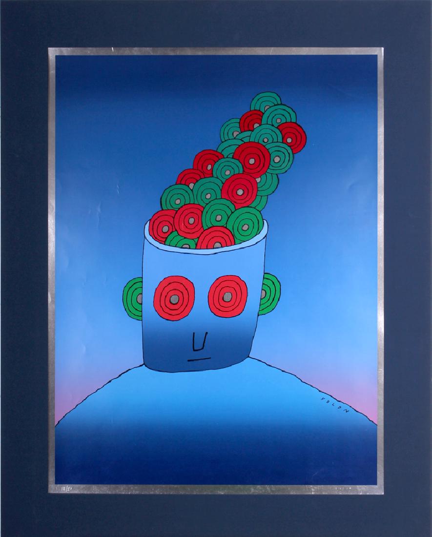 Jean Michel Folon (1934-2005) Belgian: BLUE MAN, color screenprint on foil stock paper, signed and numbered 18/50, image 31 ½ x 23 ½”, sheet 33 ½ x 25 ½”, matted.