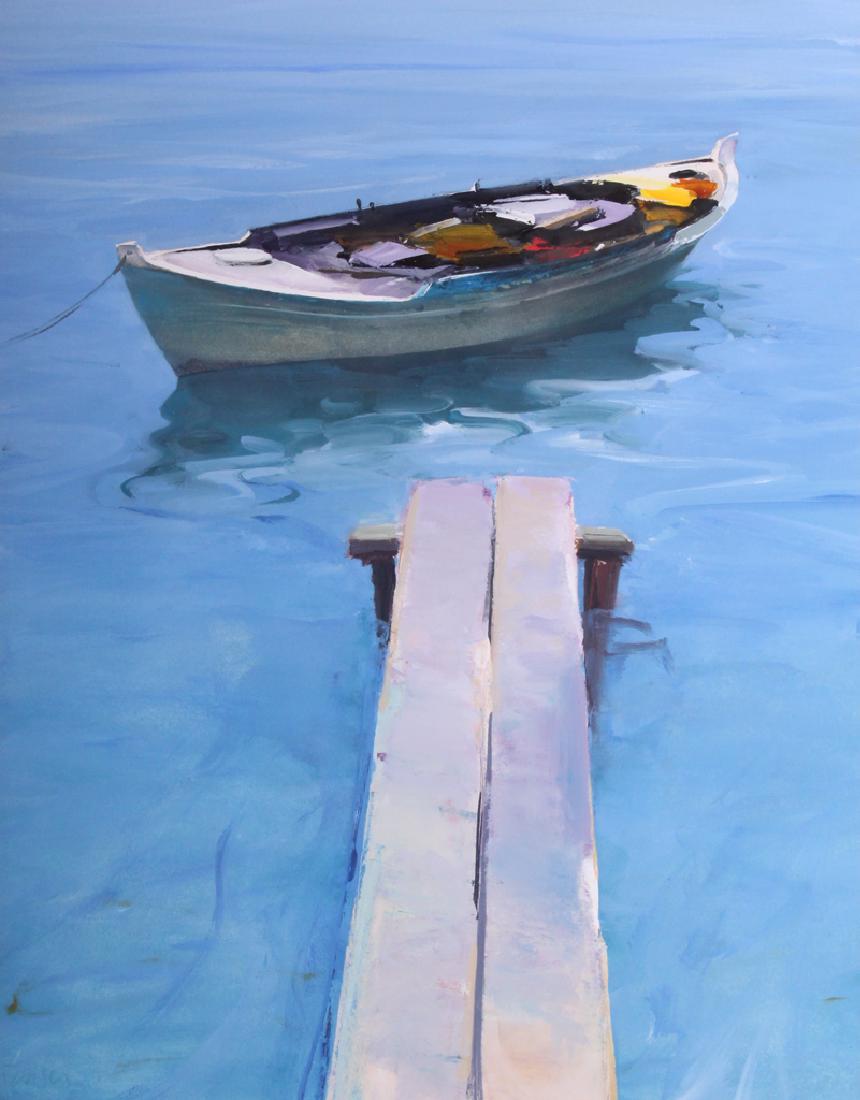 Donald Hamilton Fraser R.A. (1929-2009) British: BOAT AT LANDING STAGE, oil painting on paper, signed lower left, possibly signed and titled on back of frame, unidentified gallery tag on verso, sight 23 x 18”, framed with glass.