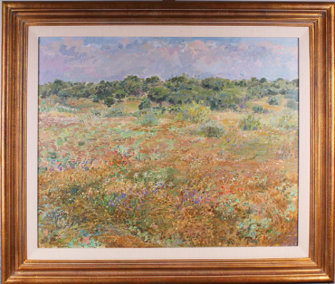 Julian Grau Santos (b. 1937) Spain: CAMPOS DE MADRID, oil painting on canvas, signed lower right, signed and titled and with Vincente Viera stamp on verso, 25 ¾ x 32”, framed. Provenance: Sala Pares Barcelona.