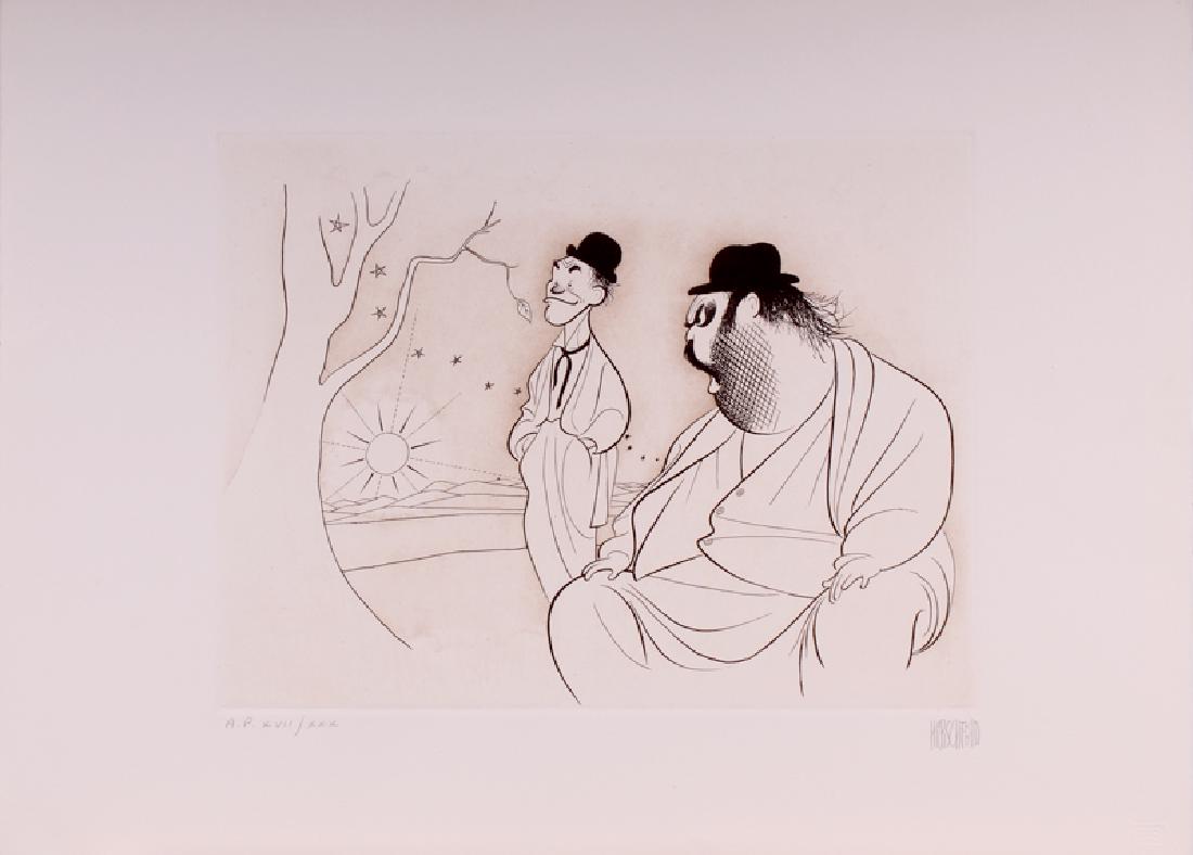 Al Hirschfeld (1903-2003) American: ZERO MOSTEL AND BURGESS MEREDITH in WAITING FOR GODOT, 1982, color lithograph, signed in pencil and inscribed AP (artist’s proof) XVII/XXX, with the ES blind stamp lower right, sheet 15 x 20 