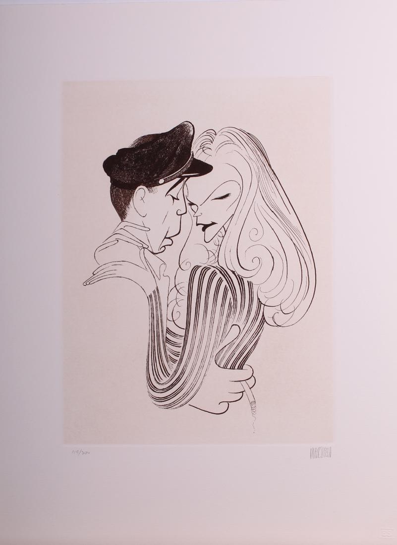 Al Hirschfeld (1903-2003) American: HUMPHREY BOGART AND LAUREN BACALL in TO HAVE AND HAVE NOT, 1988, etching, signed in pencil, numbered 115/200, with the ES blind stamp lower right, sheet 20 ¼ x 15”.